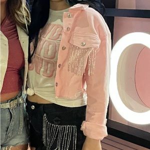 Pink cropped denim rhinestone fringe jacket